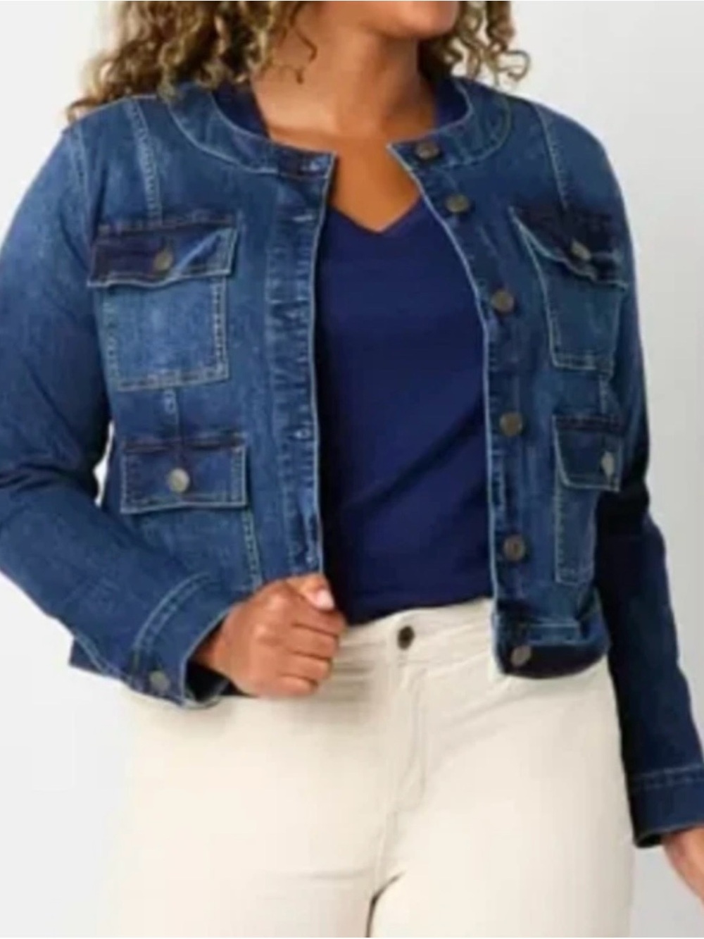 St. John's Bay S Collarless Denim Pocket Crop Utility Chore Jacket Button Front